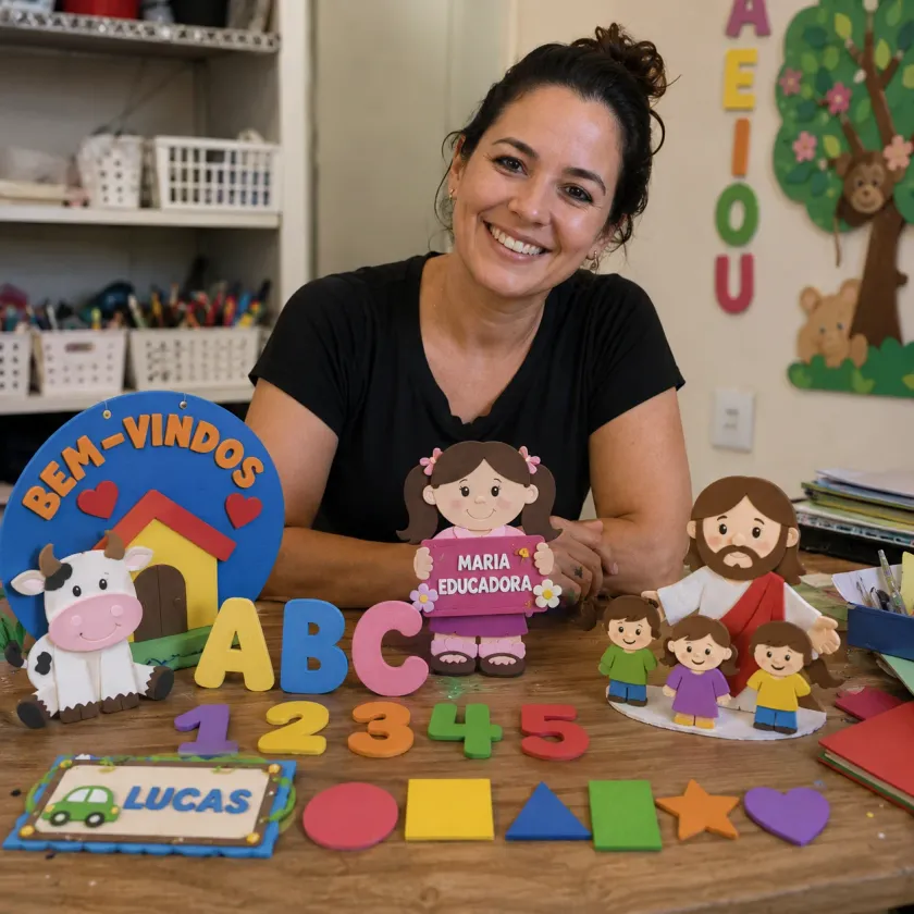 Tia Rosi, professora de Educação Infantil e criadora do Kit, sorrindo em sua sala de aula cercada de moldes de EVA