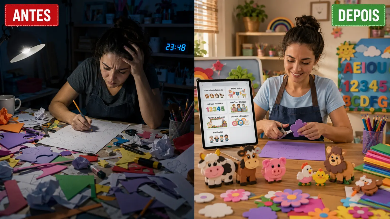 Antes: professora estressada desenhando molde à mão de madrugada, mesa cheia de recortes. Depois: professora sorrindo, escolhendo o molde pronto no tablet e recortando o EVA em minutos.